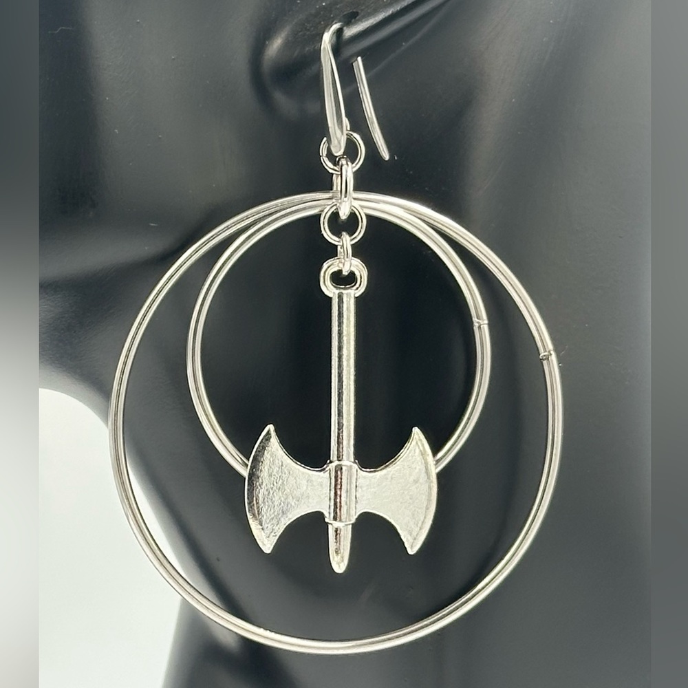 Silver Axe Hoop Earrings Witchy Goth Punk Metal Boho Bikercore Dbl Hoop Earrings
